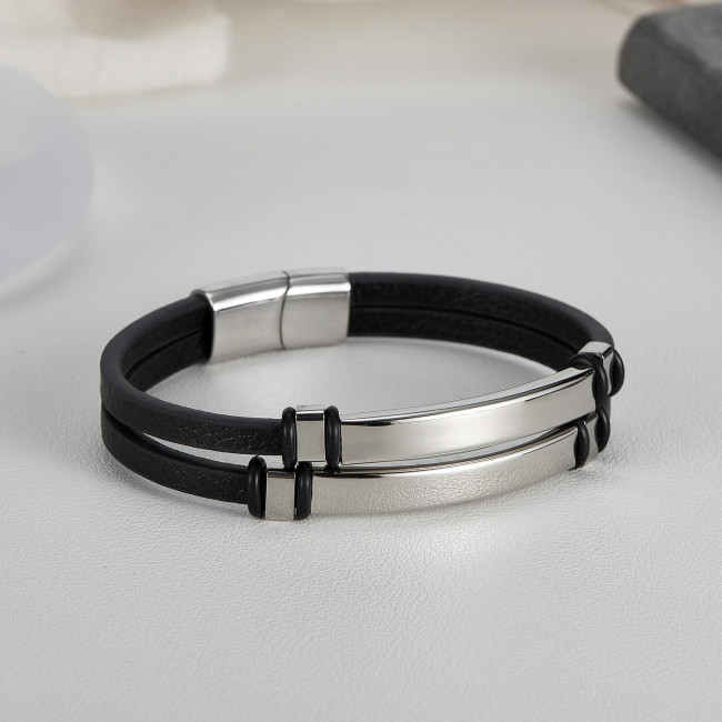 Wholesale Stainless Steel Blank Engravable Leather Bracelet