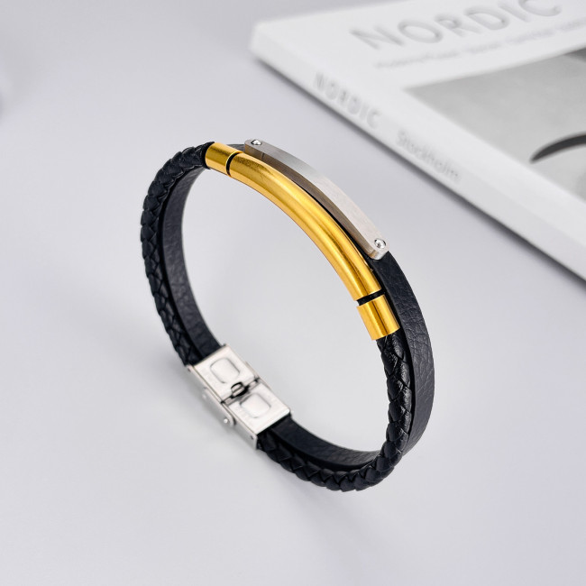 Wholesale Stainless Steel Engravable Leather Bracelet