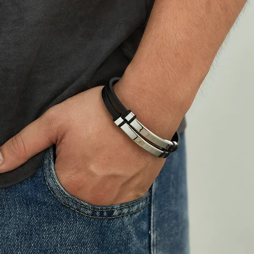 Wholesale Stainless Steel Blank Engravable Leather Bracelet