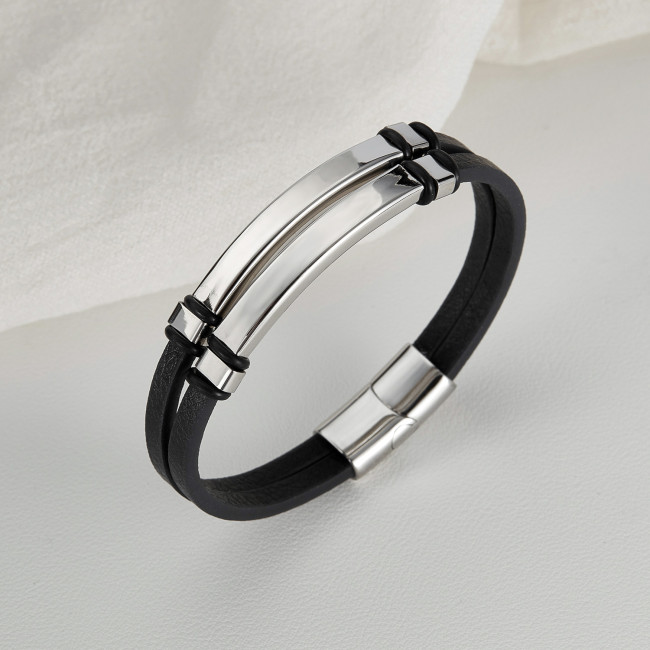Wholesale Stainless Steel Blank Engravable Leather Bracelet