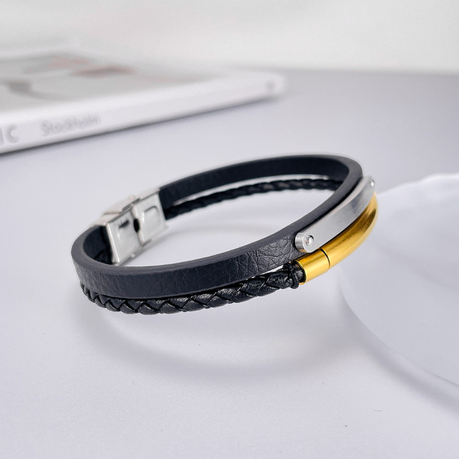 Wholesale Stainless Steel Engravable Leather Bracelet