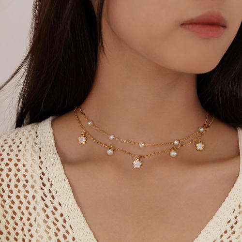 Wholesale Stainless Steel Pearl Double Layer Necklace