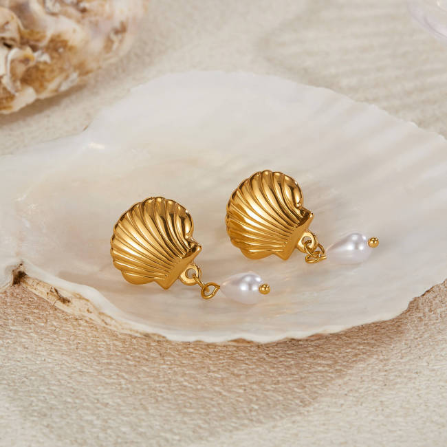 Wholesale Stainless Steel Scallop Shell Pearl Drop Earrings