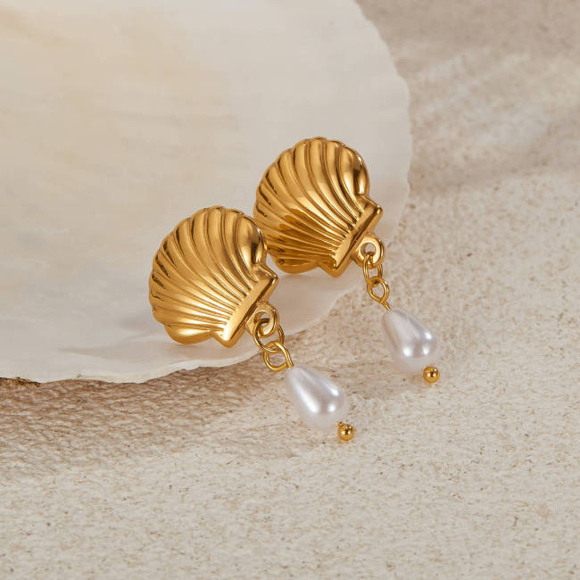 Wholesale Stainless Steel Scallop Shell Pearl Drop Earrings