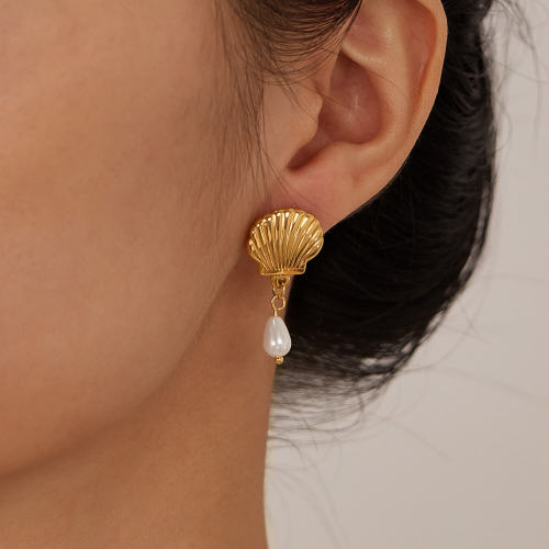 Wholesale Stainless Steel Scallop Shell Pearl Drop Earrings