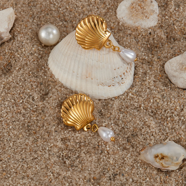 Wholesale Stainless Steel Scallop Shell Pearl Drop Earrings