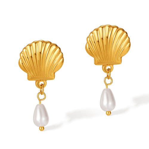 Wholesale Stainless Steel Scallop Shell Pearl Drop Earrings