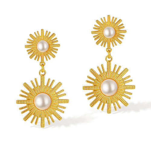 Wholesale Stainless Steel Double Sunflower Link Earrings