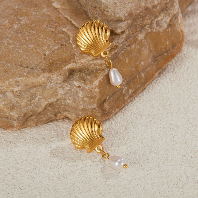 Wholesale Stainless Steel Scallop Shell Pearl Drop Earrings