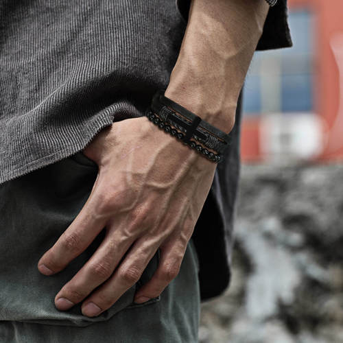 Wholesale Stainless Steel Cross Onyx Leather Bracelet