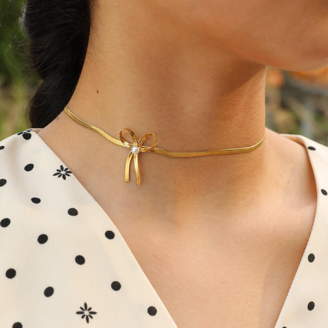 Wholesale Stainless Steel Gold Plated Ribbon Necklace