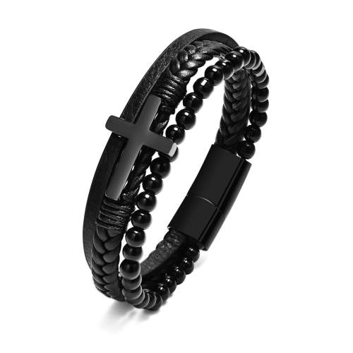Wholesale Stainless Steel Cross Onyx Leather Bracelet