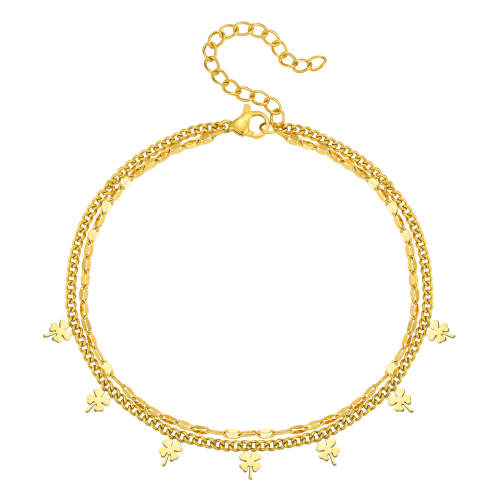 Wholesale Stainless Steel Four-Leaf Clover Double Anklet
