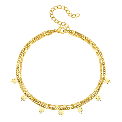 Wholesale Stainless Steel Four-Leaf Clover Double Anklet