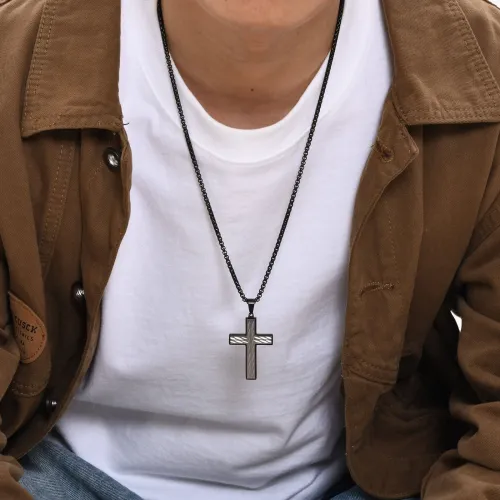 Wholesale Stainless Steel Two Tone Textured Cross Necklace