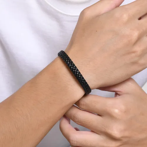 Wholesale Black Braided Leather Men's Bracelet