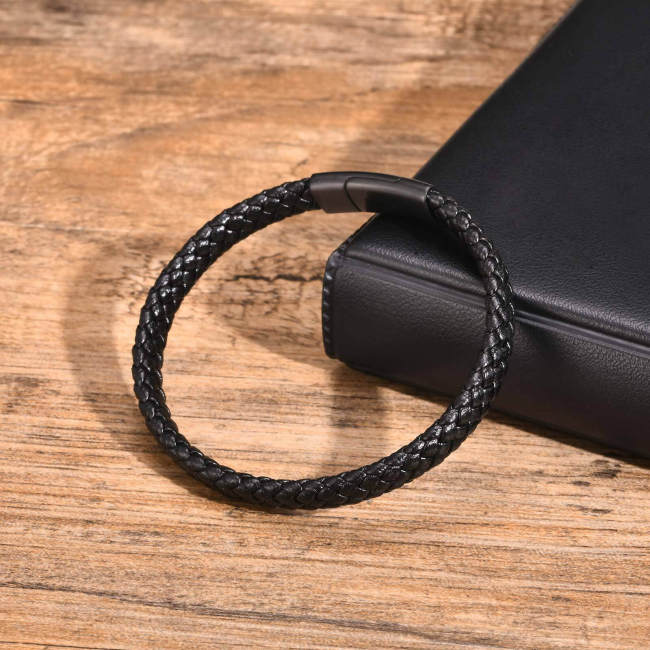 Wholesale Black Braided Leather Men's Bracelet