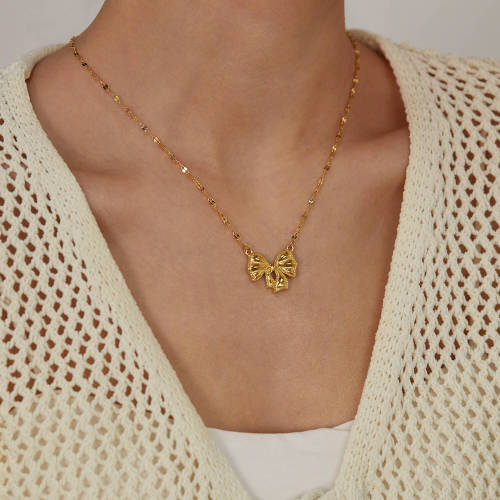 Wholesale Stainless Steel Ribbon Bow Pendant Necklace