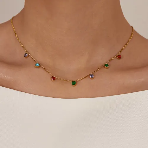 Wholesale Stainless Steel Multi Color Hearts CZ Necklace