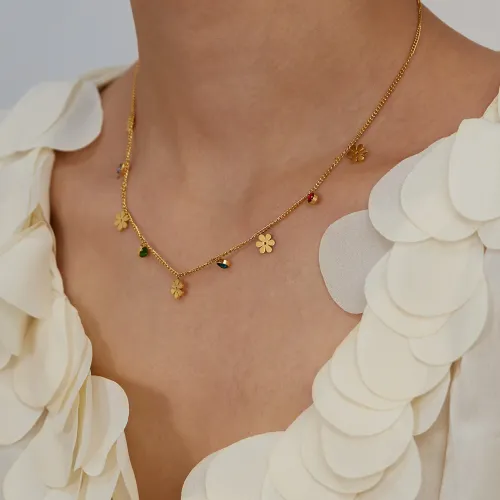 Wholesale Stainless Steel Colorful CZ Flower Necklace