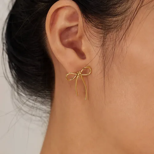 Wholesale Stainless Steel Gold Ribbon Bow Stud Earrings