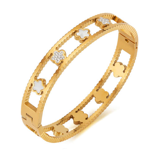 Wholesale Stainless Steel Hollow Bangle with Mother of Pearl Flower