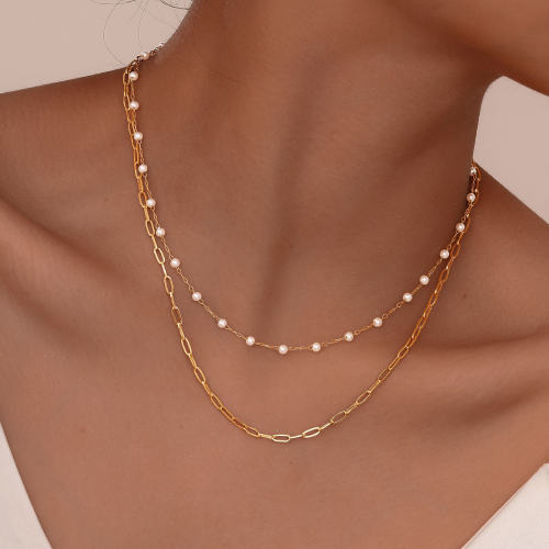 Wholesale Stainless Steel Layered Pearl Papaerclip Necklace