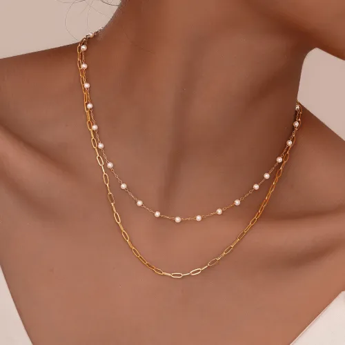 Wholesale Stainless Steel Layered Pearl Papaerclip Necklace