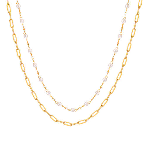 Wholesale Stainless Steel Layered Pearl Papaerclip Necklace