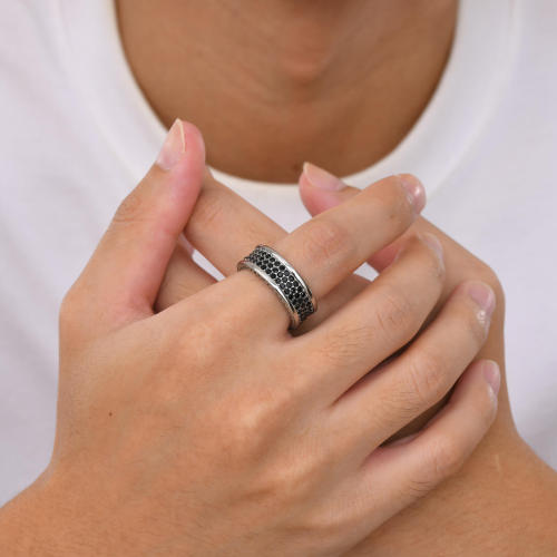 Wholesale Stainless Steel 3 Row Black Zirconia Ring