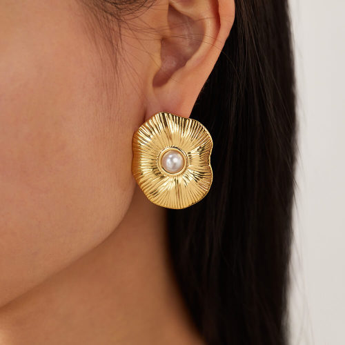 Wholesale Stainless Steel Lotus Leaf Pearl Earrings