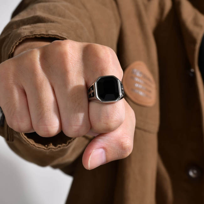 Wholesale Stainless Steel Black Glass Cross Ring