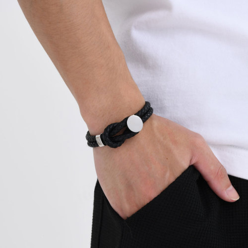 Wholesale Stainless Steel Black Knot Leather Bracelet