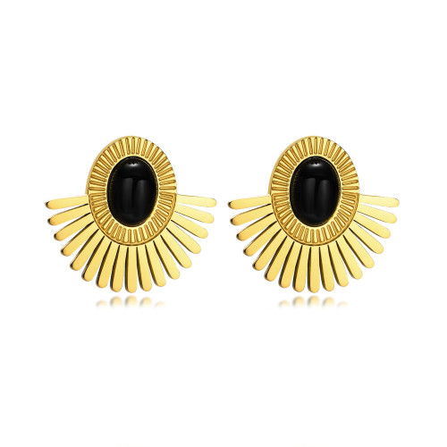 Wholesale Stainless Steel Onyx Fan Earrings