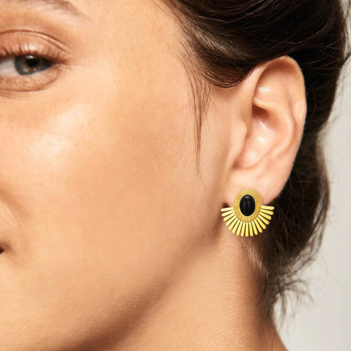Wholesale Stainless Steel Onyx Fan Earrings