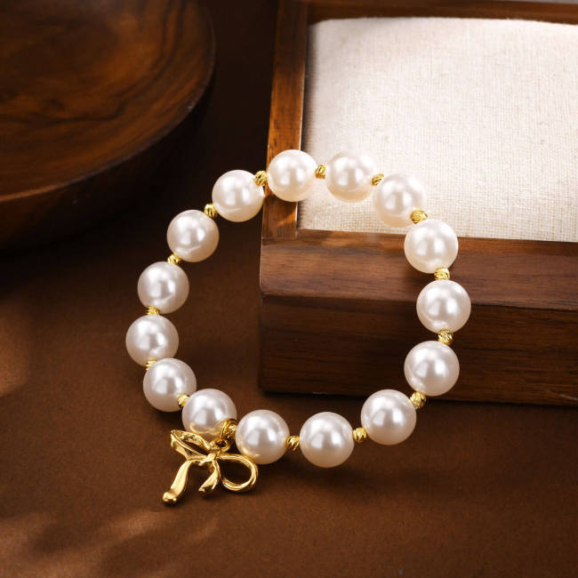 Wholesale Stainless Steel Gold Ribbon Pearl Bracelet