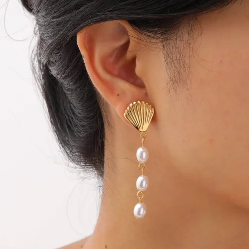 Wholesale Stainless Steel Scallop Earrings with Pearl Drop