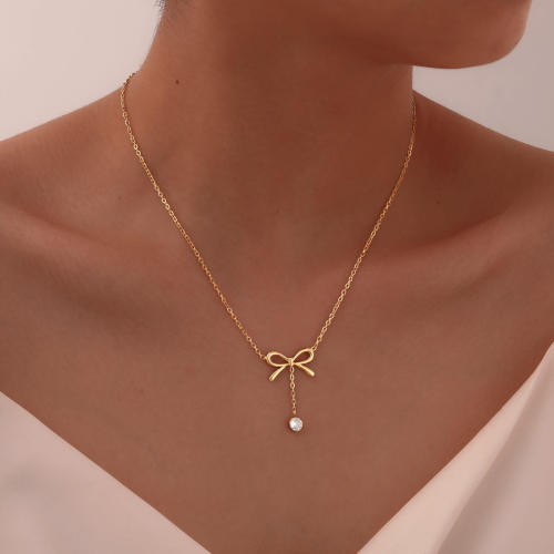 Wholesale Stainless Steel CZ Drop Bow Necklace