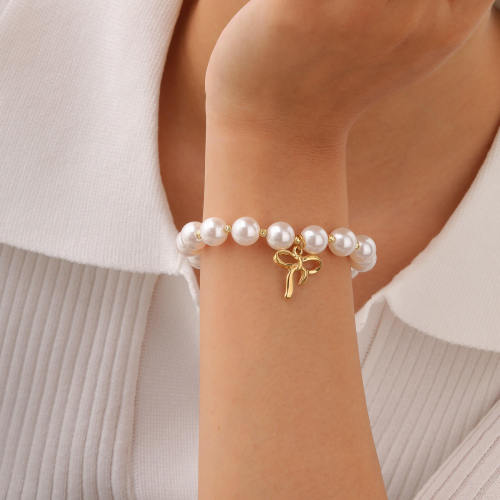 Wholesale Stainless Steel Gold Ribbon Pearl Bracelet