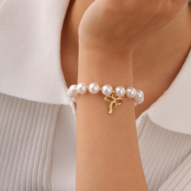 Wholesale Stainless Steel Gold Ribbon Pearl Bracelet
