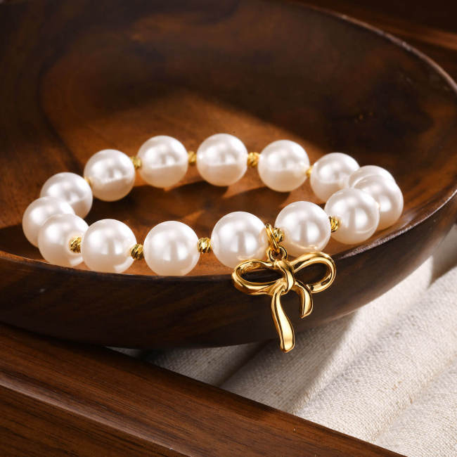 Wholesale Stainless Steel Gold Ribbon Pearl Bracelet