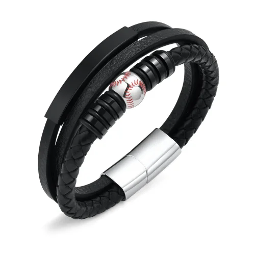 Wholesale Stainless Steel Baseball Leather Triple Bracelet