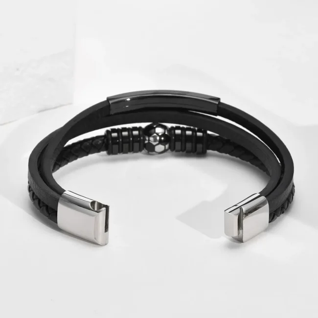 Wholesale Stainless Steel Football Leather Triple Bracelet