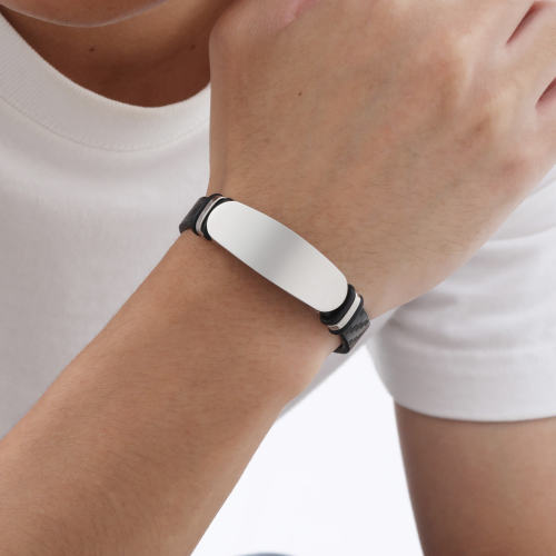 Wholesale Stainless Steel Engravable PU Leather Bracelet