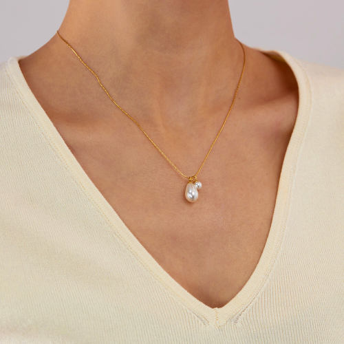 Wholesale Stainless Steel Double Pearls Drop Necklace