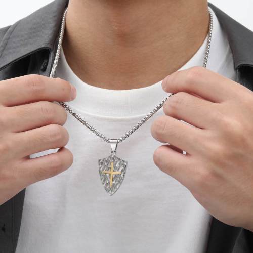 Wholesale Stainless Steel Two-tone Cross Shield Pendant