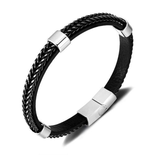 Wholesale Stainless Steel Double Braided Leather Bracelet