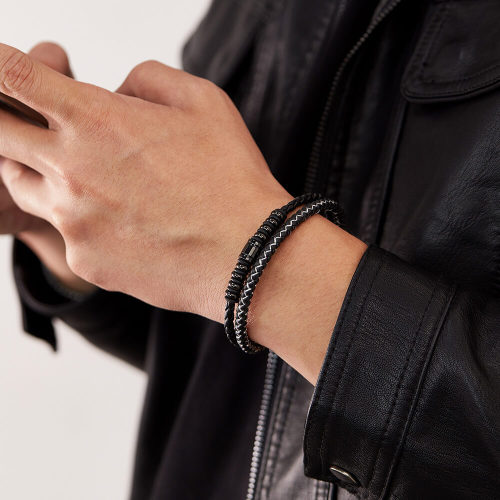 Wholeale Stainless Steel Double Layer Leather Bracelet