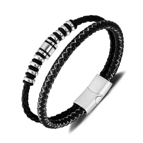 Wholeale Stainless Steel Double Layer Leather Bracelet