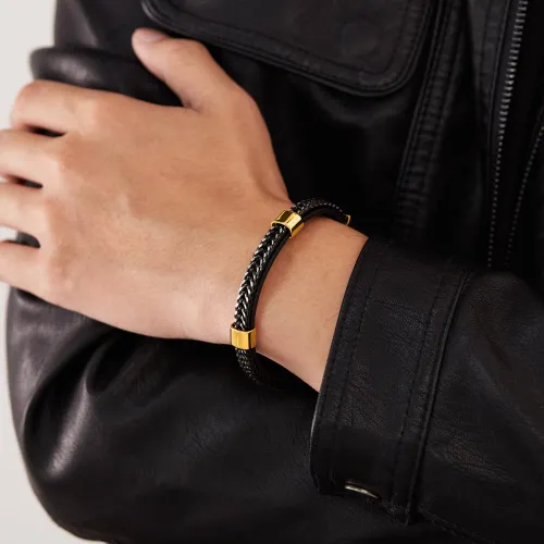 Wholesale Stainless Steel Double Braided Leather Bracelet
